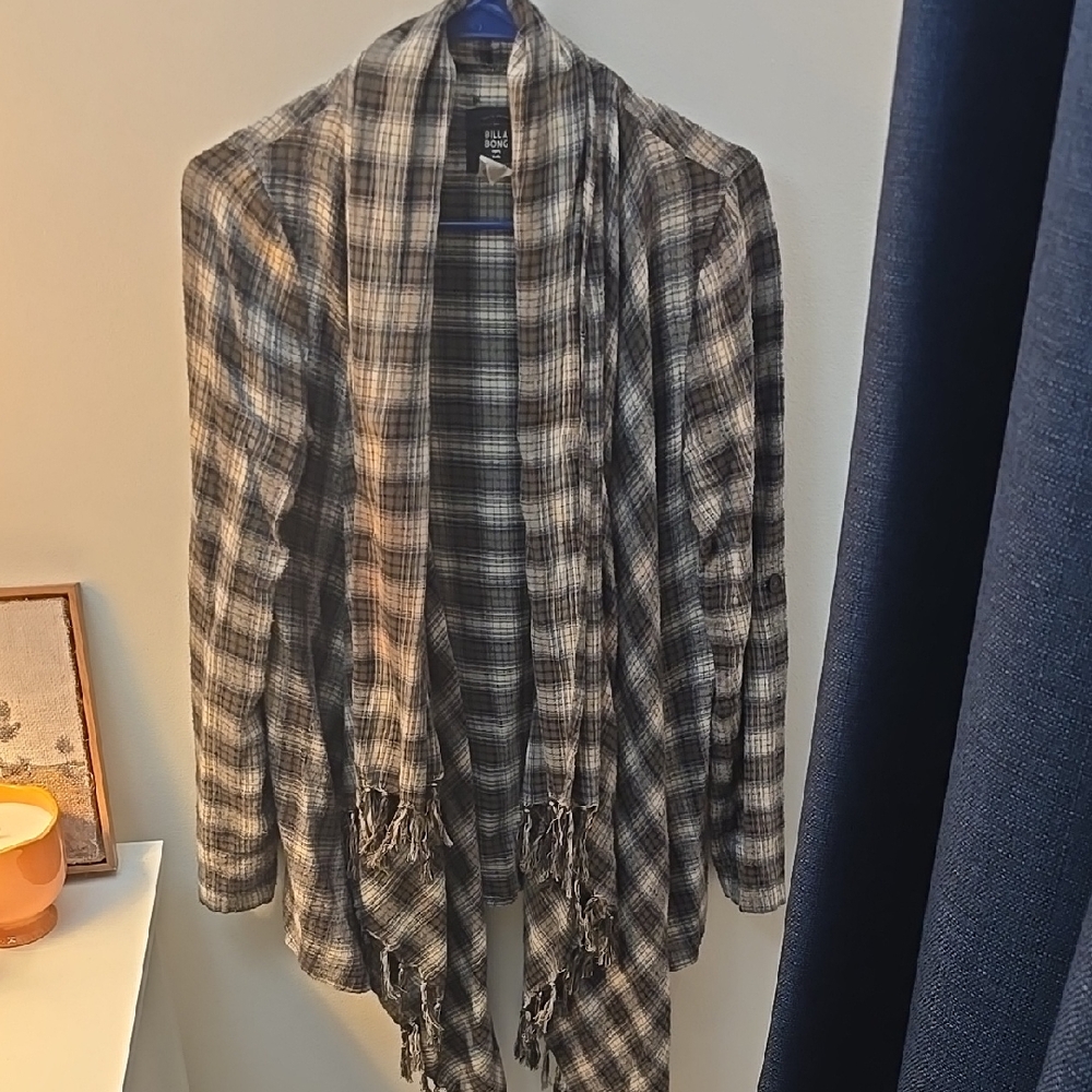 Women's Billabong Green Plaid Live It Up Fringe Cardigan Sz Small 100% Cotton